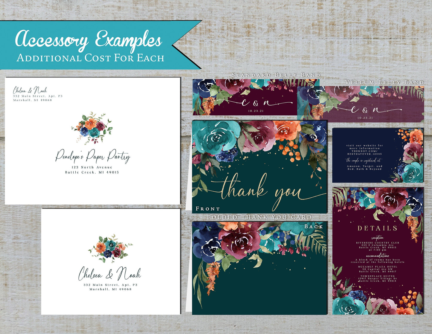 Teal Fall Wedding Invitation – Jewel Tone Roses & Gold Calligraphy – Personalized Shimmery Printed Invite with Envelopes Included