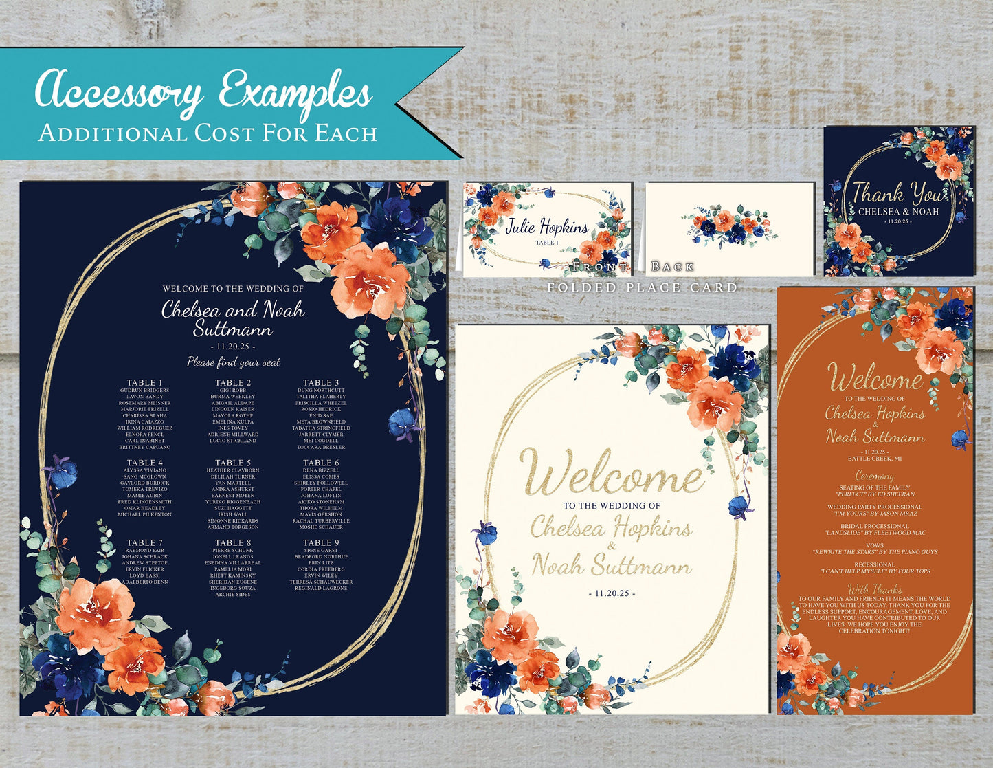 Rustic Navy Floral Fall Wedding Invitation – Burnt Orange & Gold Oval Frame – Personalized Shimmery Printed Invite with Envelope Included
