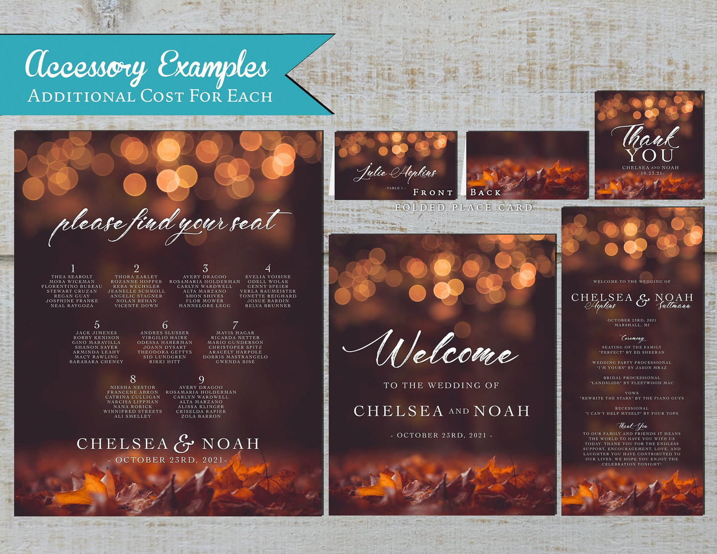 Romantic Fall Wedding Invitation – Burnt Orange Bubble Lights & Autumn Leaves – Personalized Shimmery Printed Invitation with Envelope Included