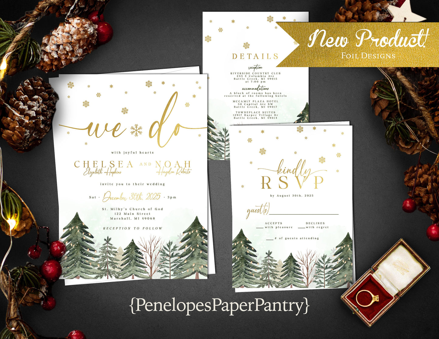 Chic Winter Wedding Invitation – Pine Tree Forest & Gold Foil Snowflakes – Personalized Printed Invite with Envelopes