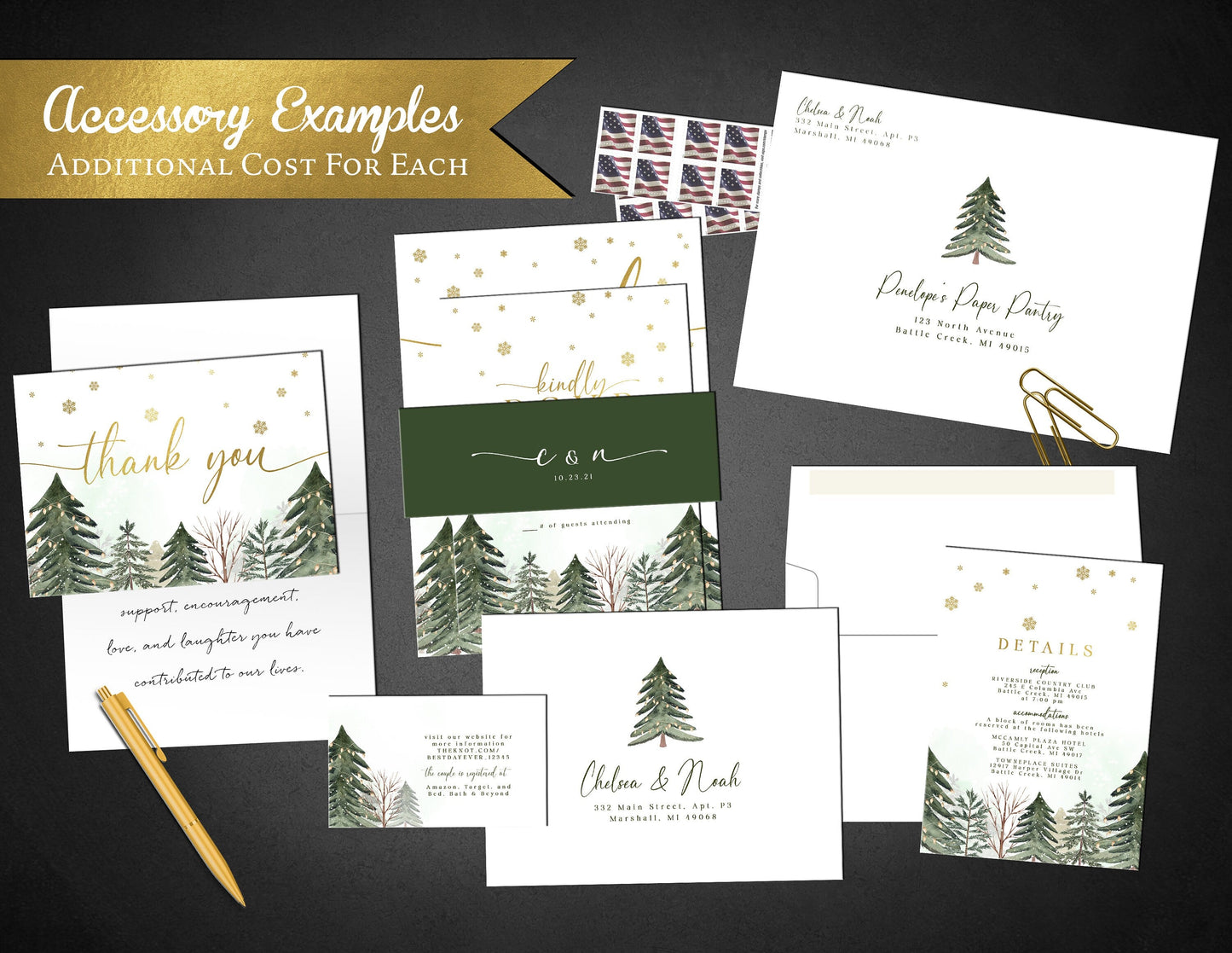 Chic Winter Wedding Invitation – Pine Tree Forest & Gold Foil Snowflakes – Personalized Printed Invite with Envelopes