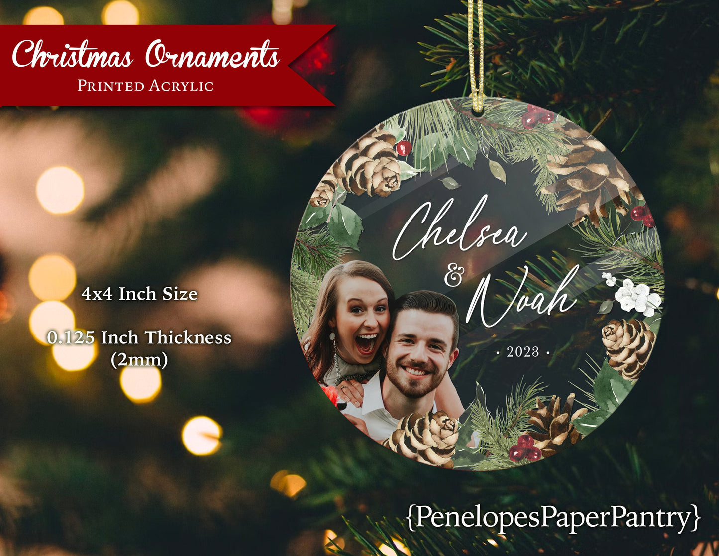 Pone Wreath with Photo 4 inch Acrylic Holiday Ornament