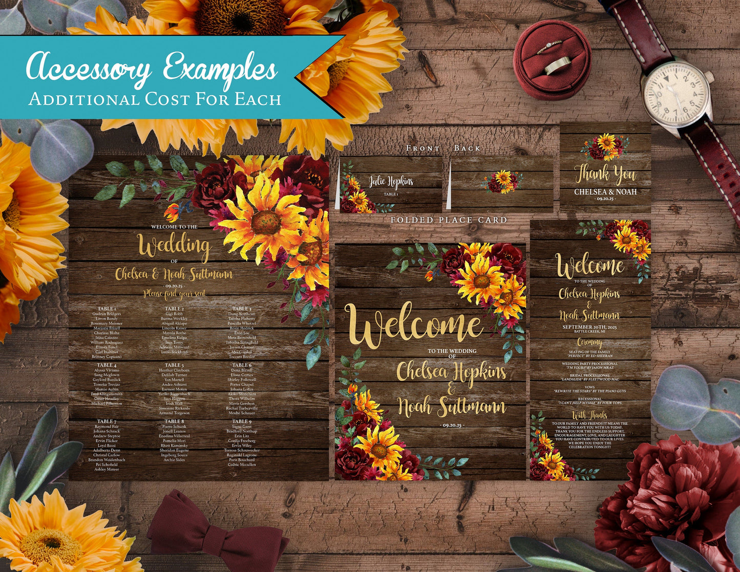 Rustic Fall Wedding Invitation Personalized Sunflowers Burgundy Roses Barn Wood Gold Calligraphy Shimmery Custom Text Printed Invitations Envelopes Included