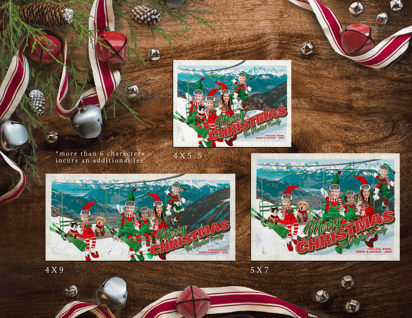 Funny Elves Skiing Christmas Photo Card – Personalized Family Holiday Card with Custom Text, Envelopes & Return Address Labels