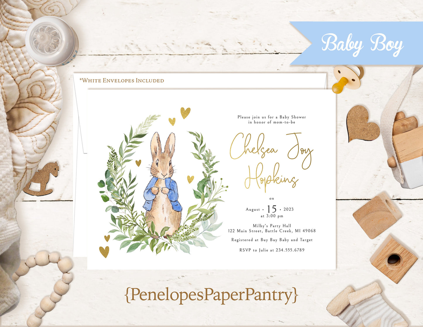 Peter Rabbit Gender Neutral Baby Shower Invitation – Personalized Greenery & Gold Foil Hearts – Elegant Calligraphy Printed Invite with Envelopes by Penelope’s Paper Pantry