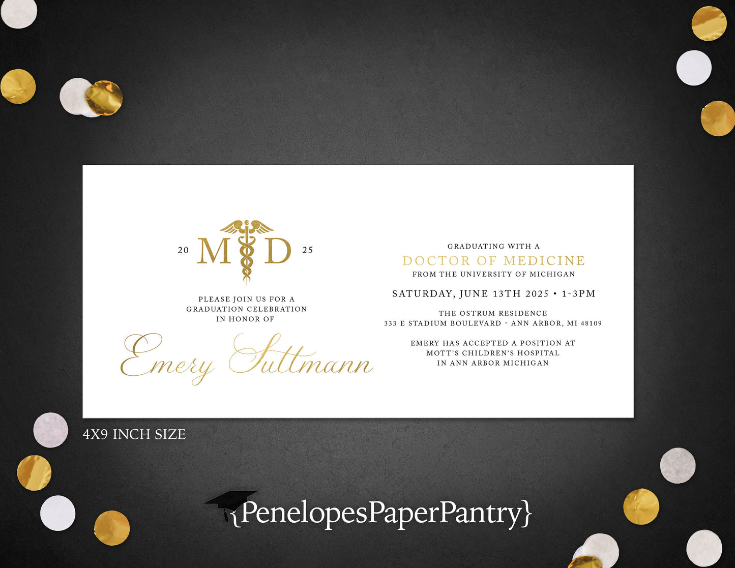 Elegant Medical School Doctor Of Medicine Graduation Party Invitation Announcement Caduceus Gold Foil Personalized Printed Card Envelope