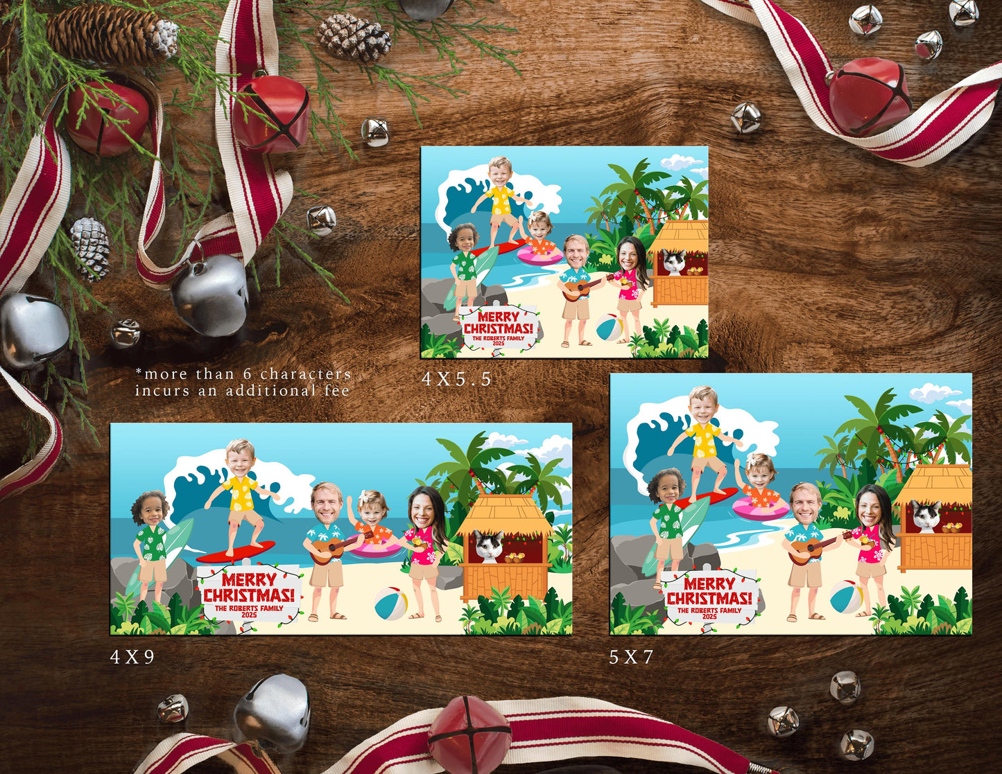 Personalized Tropical Christmas Photo Card - Surfing Palm Trees Double-Sided Print with Envelope Address Labels