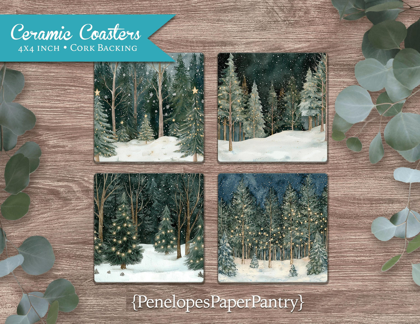 Winter Forest Set of 4 Ceramic Coasters with Cork Back