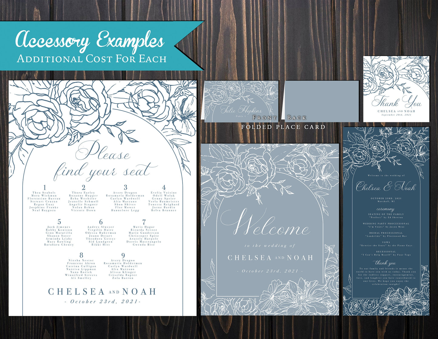 Elegant Dusty Blue Summer Wedding Invitation Personalized Baby Blue Powder Blue Floral Silhouettes Printed Invitations Envelopes Included