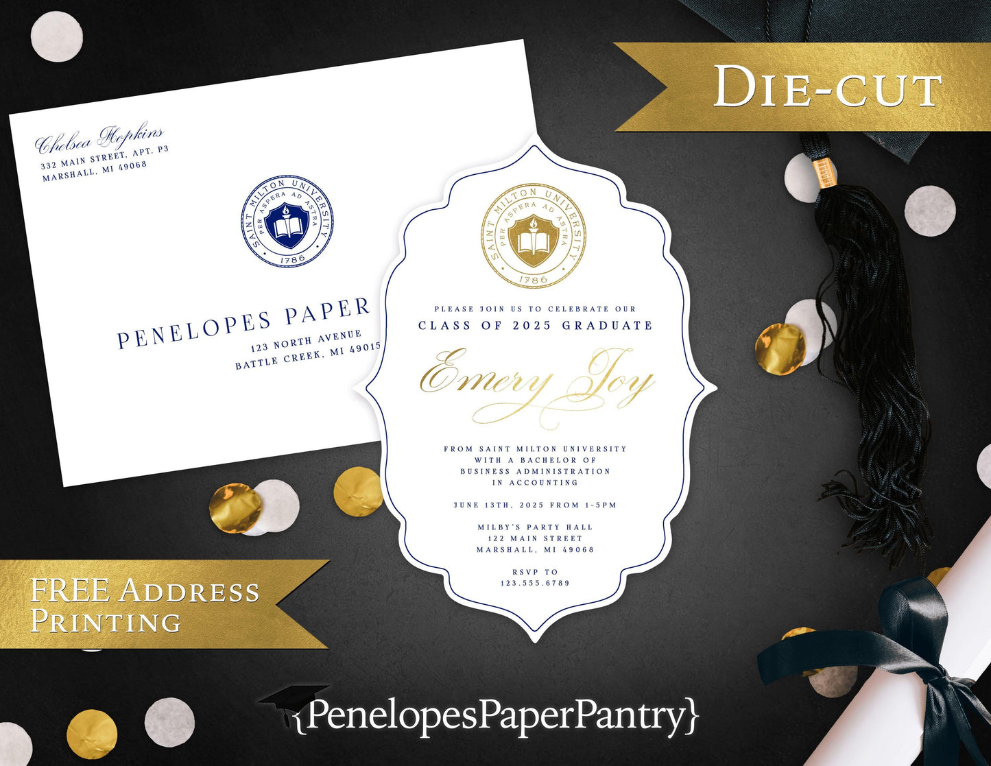 Die Cut Bracket University Seal Graduation Open House or Ceremony Invitation