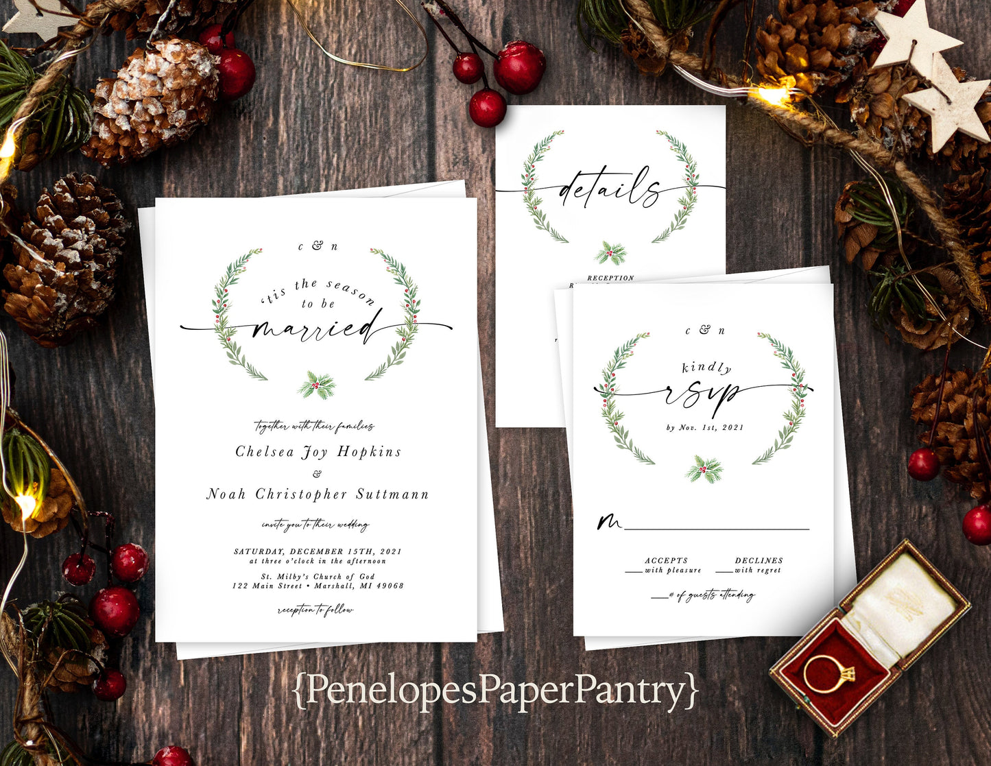 Chic Winter Wedding Invitation – ’Tis the Season to Be Married – Pine Laurels & Calligraphy Printed Invite with Envelopes
