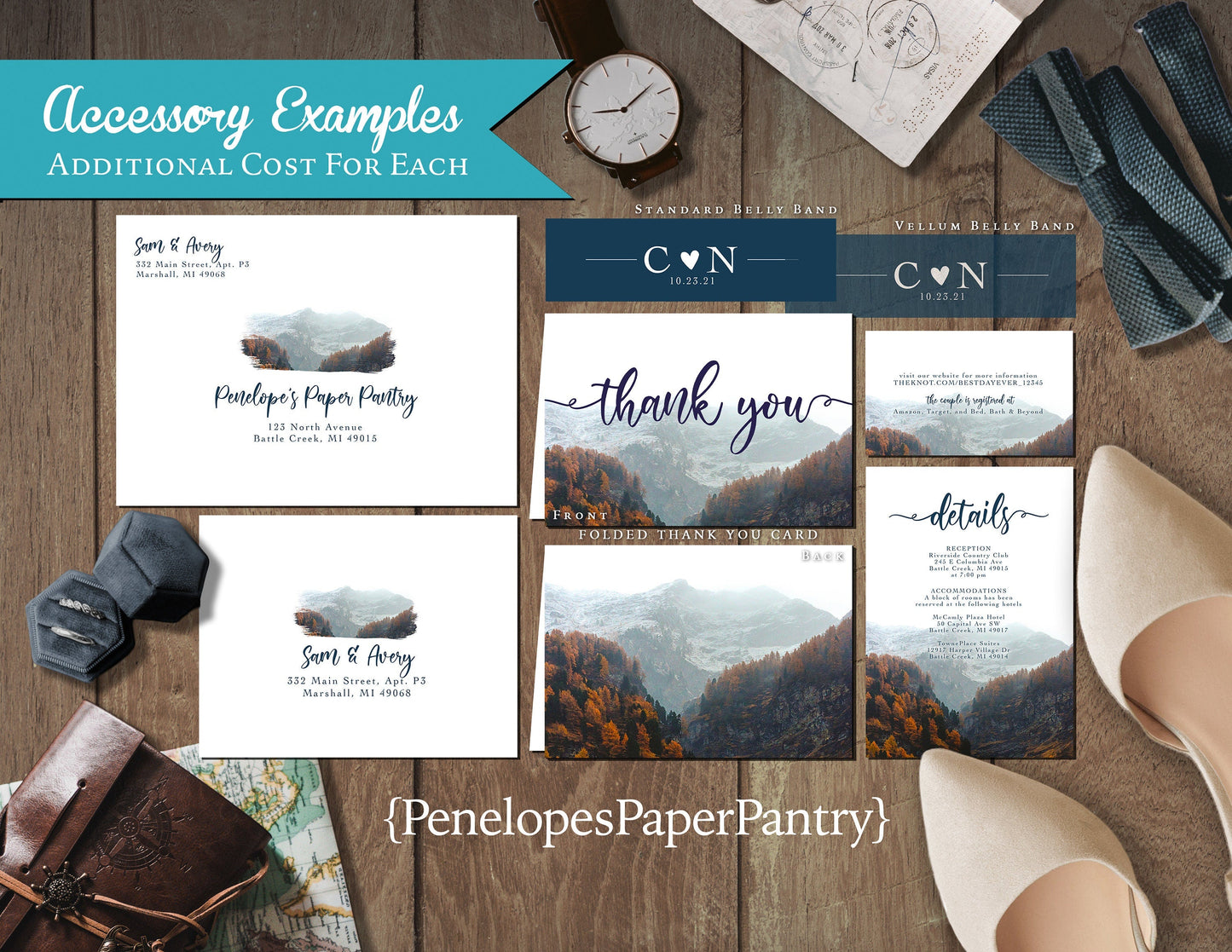 Romantic Mountain Fall Wedding Invitation – Autumn Leaves & Misty Mountains – Personalized “We Do” Printed Invitations with Envelopes Included