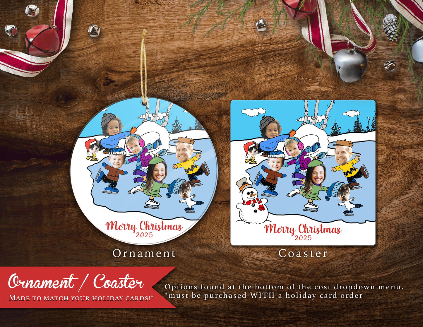 Funny Charlie Brown Christmas Family Photo Card – Personalized Snoopy Ice Skating Holiday Card with Custom Text & Envelopes