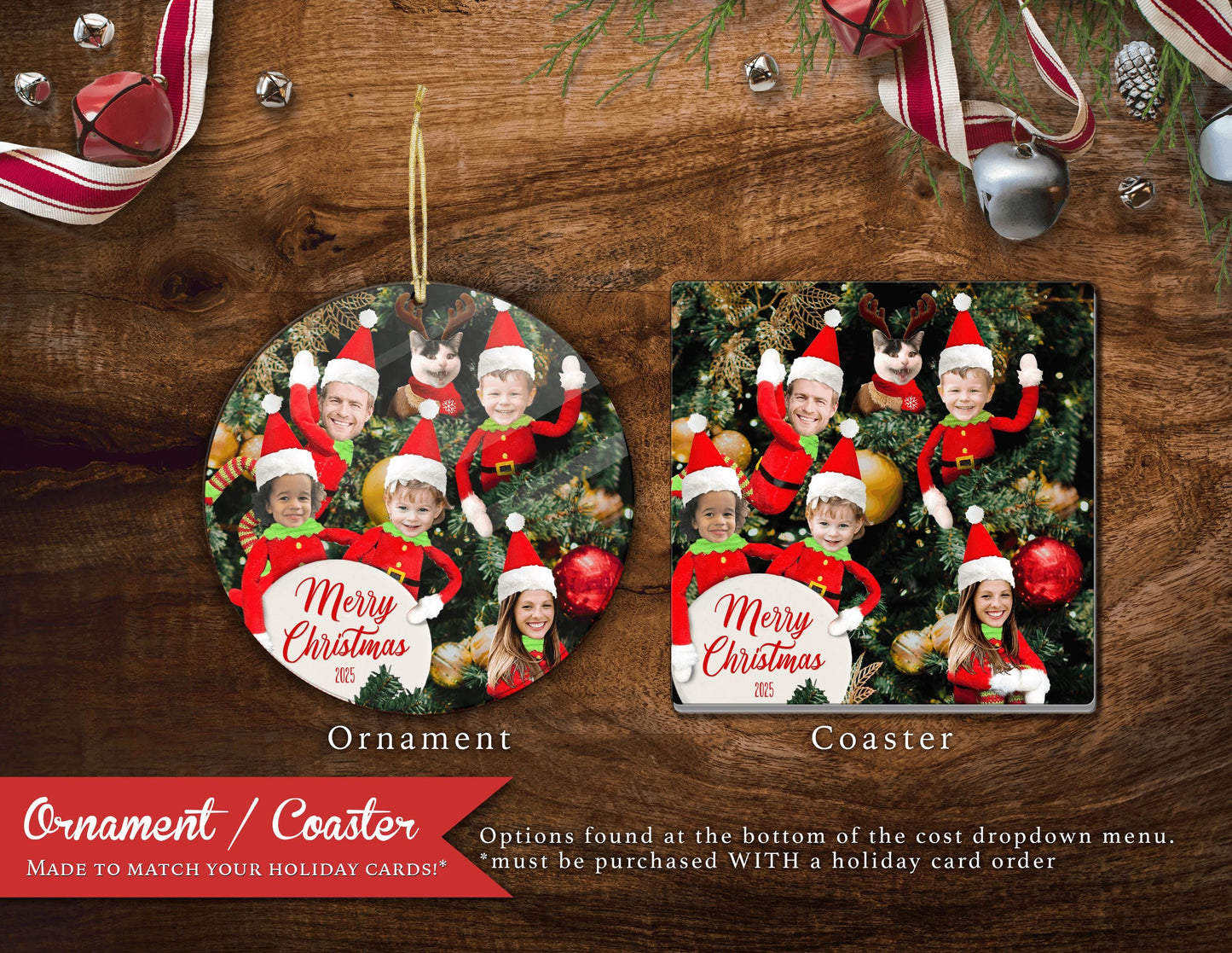 Funny Elf Family Christmas Photo Card – Personalized Elves in a Christmas Tree – Printed with Envelopes, Back Print & Return Address Labels