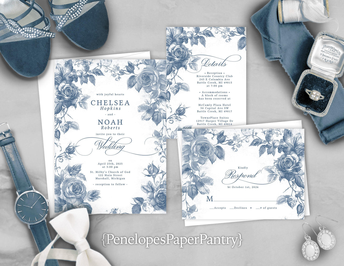 Elegant Dusty Blue Summer Wedding Invitation Personalized Baby Blue Powder Blue Floral Silhouettes Printed Invitations Envelopes Included