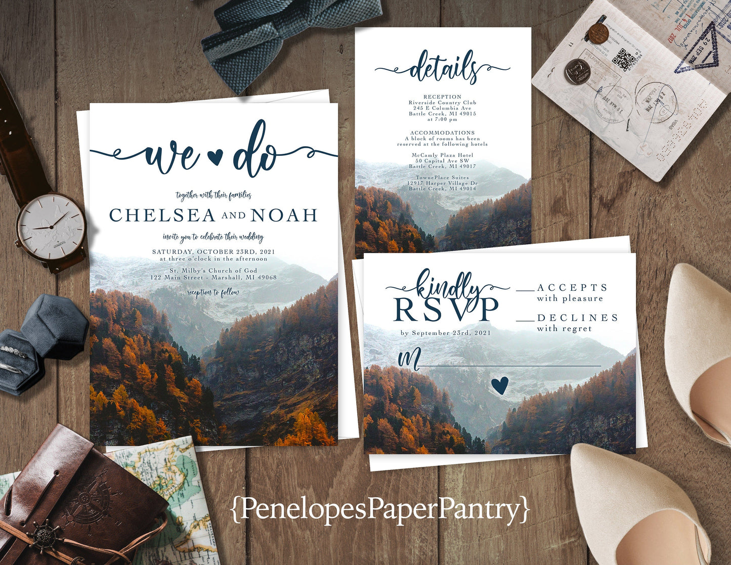 Romantic Mountain Fall Wedding Invitation – Autumn Leaves & Misty Mountains – Personalized “We Do” Printed Invitations with Envelopes Included
