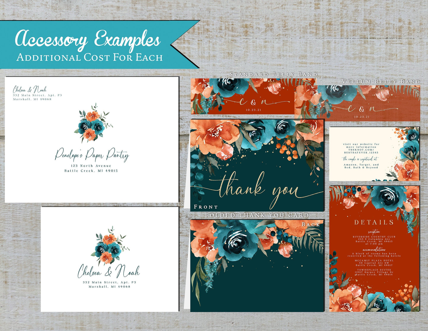 Teal Fall Wedding Invitation – Burnt Orange & Gold "We Do" Design – Personalized Shimmery Printed Invite with Envelopes Included