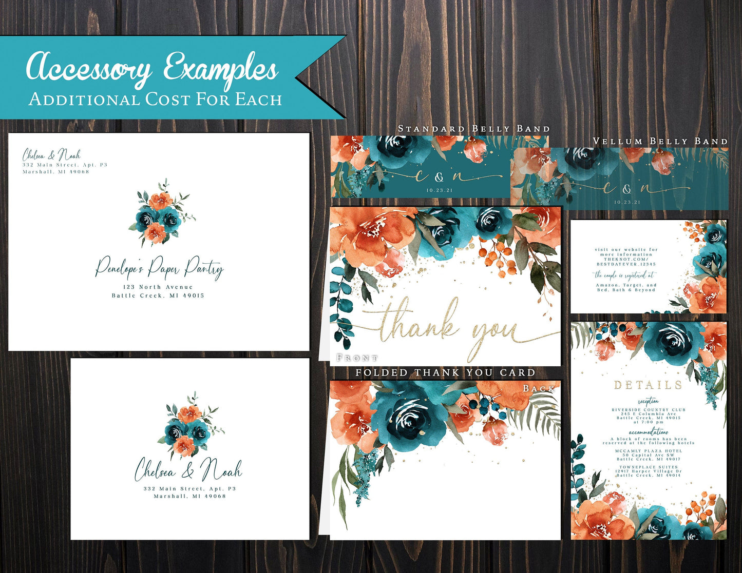 Elegant Floral Fall Wedding Invitation – Teal & Burnt Orange Roses – Fall In Love Calligraphy Printed Invite with Envelopes