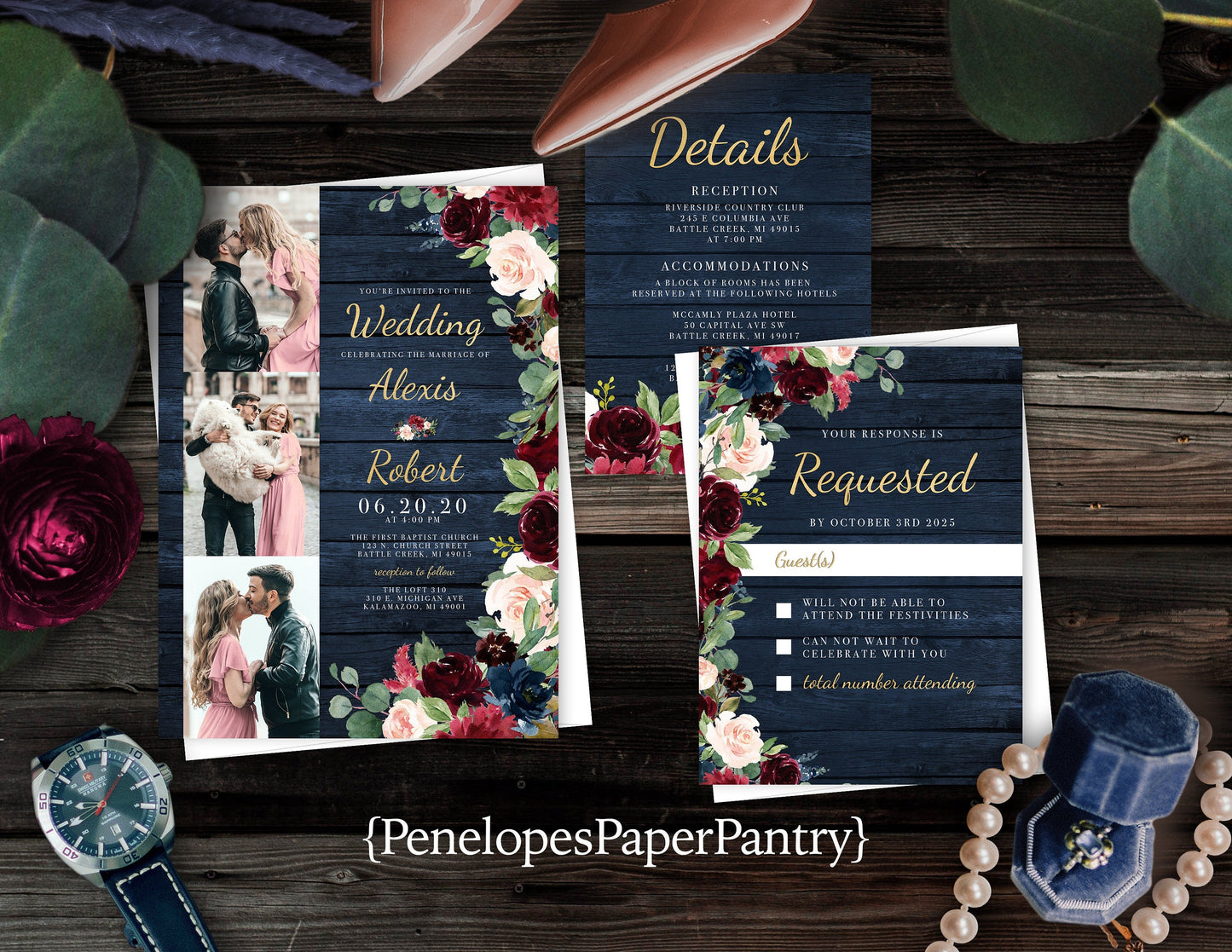 Rustic Navy Floral Photo Fall Wedding Invitation – Barn Wood, Burgundy & Gold – Personalized Shimmery Printed Invitations with Envelopes Included