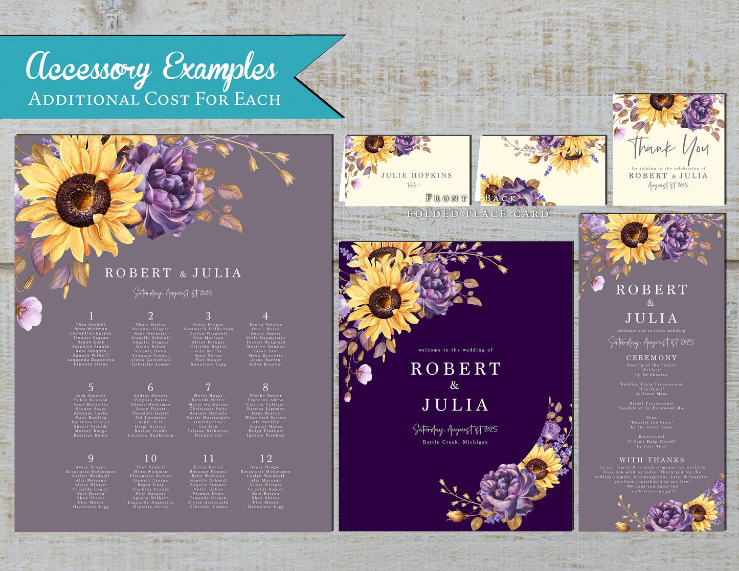 Sunflower & Purple Floral Wedding Invitation – Dusty Purple & Ivory Design – Personalized Printed Invitation, Set or Suite with Envelopes Included