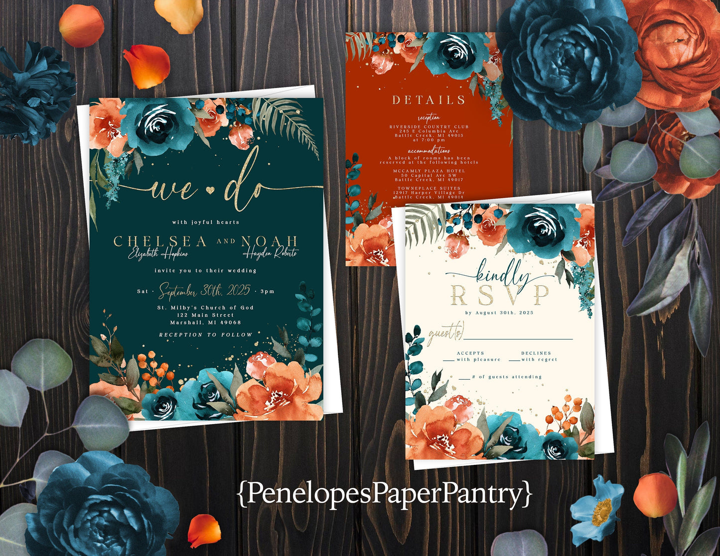 Teal Fall Wedding Invitation – Burnt Orange & Gold "We Do" Design – Personalized Shimmery Printed Invite with Envelopes Included