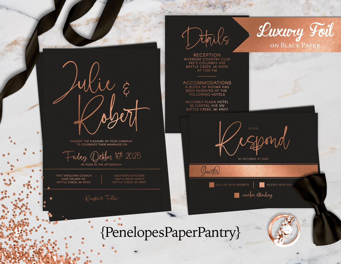 Modern Black and Copper Wedding Invitation Personalized Copper Foil Calligraphy Custom Text Formal Classic Elegant Printed Invitations Envelopes Included
