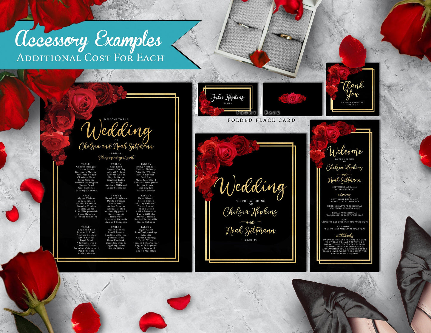 Red Florals with Black Background Rose Wedding Invitation, Set, or Suite