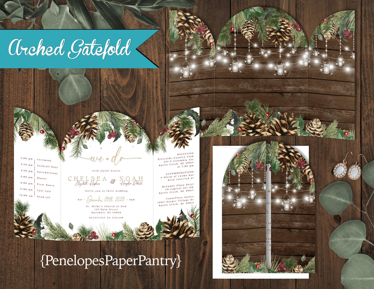 Rustic Arch Gatefold Winter Wedding Invitation – Personalized Custom Text, Printed with Envelopes Included