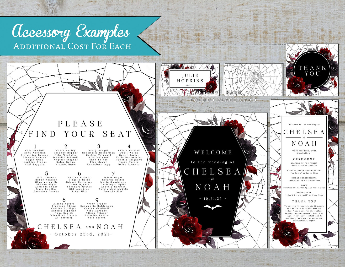 Elegant Gothic Halloween Wedding Invitation – Casket, Spider Webs & Blood Red Roses – Personalized Printed Invite with Envelope