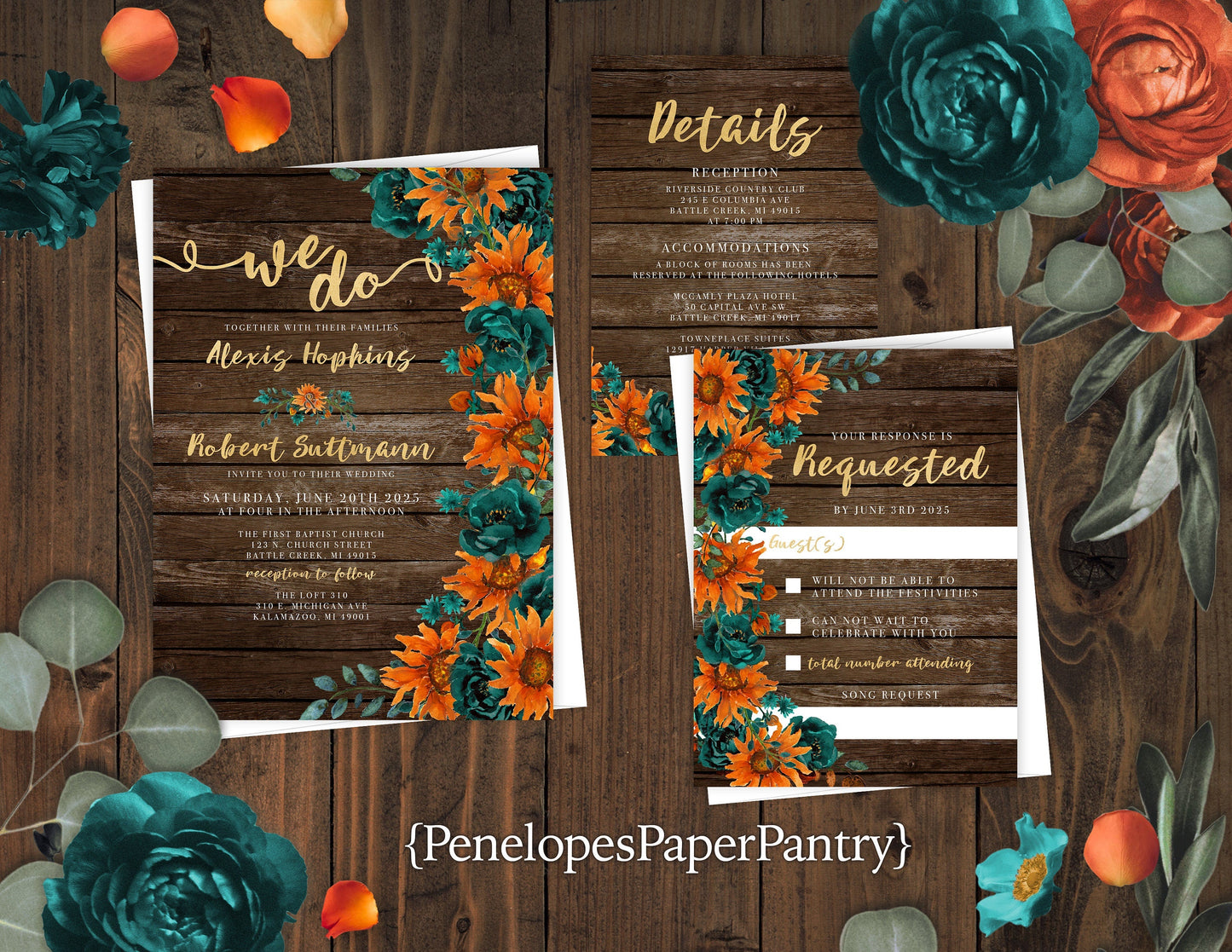 Rustic Fall Wedding Invitation – Teal & Burnt Orange Florals, Barn Wood, Gold Print – Personalized Shimmery Printed Invitation with Envelope Included