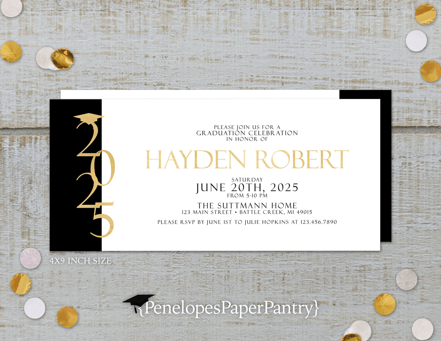 Gold Print Grad Cap Graduation Open House or Ceremony Invitation