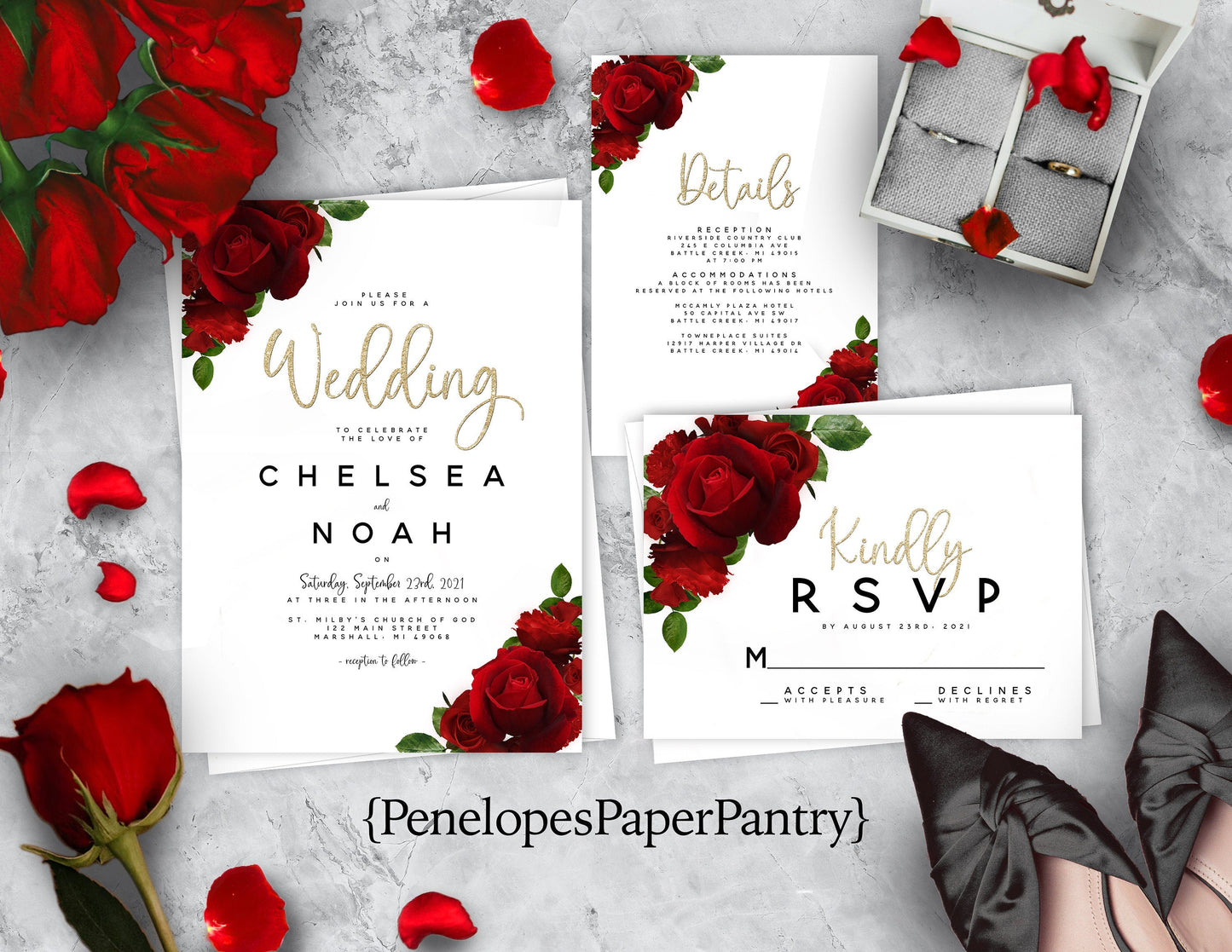 Elegant Red Rose Wedding Invitation – Gold Glitter Calligraphy, Shimmery Custom Printed with Envelopes Included
