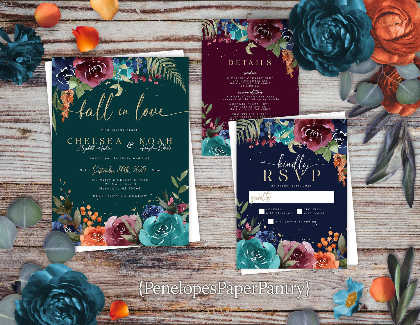 Teal Fall Wedding Invitation – Jewel Tone Roses & Gold Calligraphy – Personalized Shimmery Printed Invite with Envelopes Included