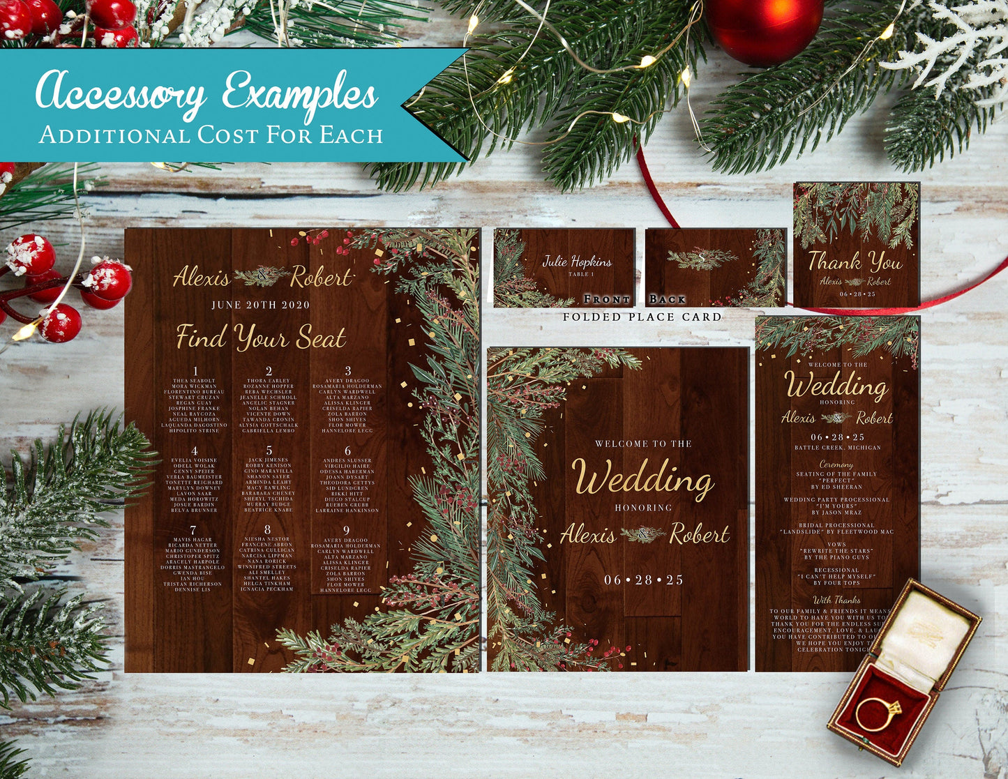Elegant Rustic Winter Wedding Invitation – Barn Wood & Pine Branches – Gold Print Shimmery Custom Invite with Envelopes Included