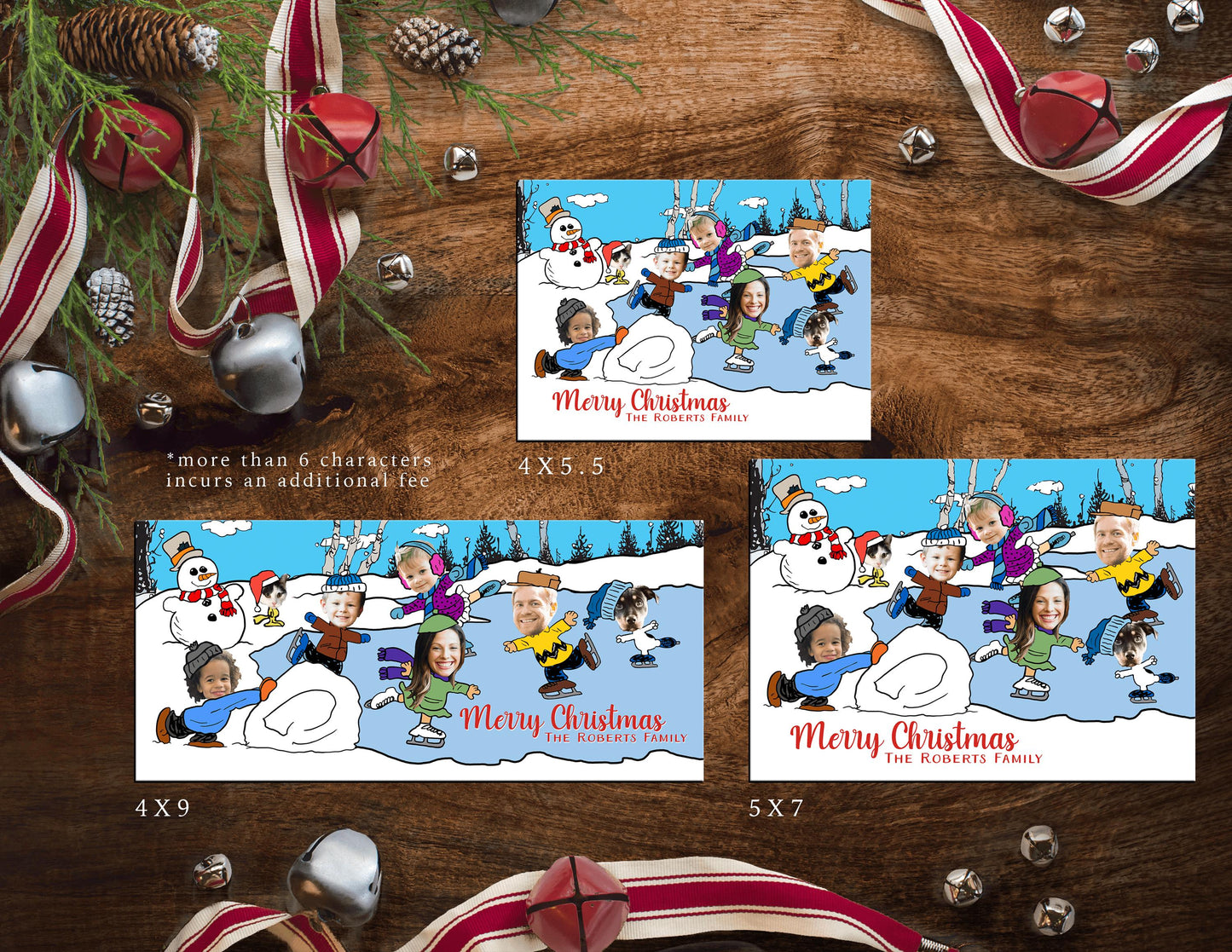 Funny Charlie Brown Christmas Family Photo Card – Personalized Snoopy Ice Skating Holiday Card with Custom Text & Envelopes