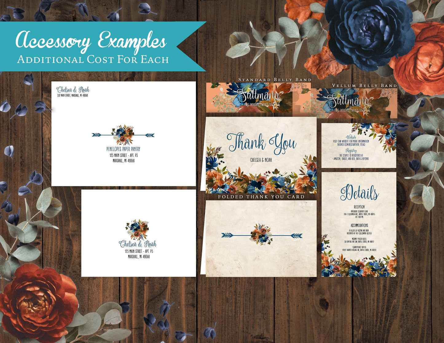 Rustic Floral Fall Wedding Invitation – Turquoise & Burnt Orange with Floral Arrow – Personalized Printed Invitations with Envelopes Included