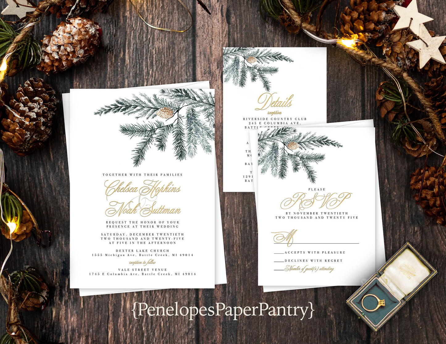 Elegant Winter Wedding Invitation – Evergreen Pine Cone Design, Gold Calligraphy, Shimmery Printed, Custom Text, Envelopes Included