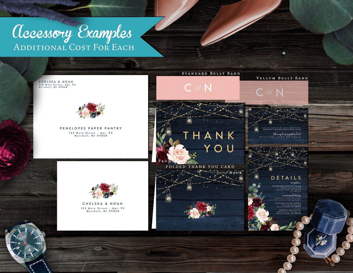 Rustic Navy Floral Fall Wedding Invitation – Barn Wood, Mason Jar Lights, Burgundy Florals & Gold Print – Personalized Shimmery Printed Invitations with Envelopes