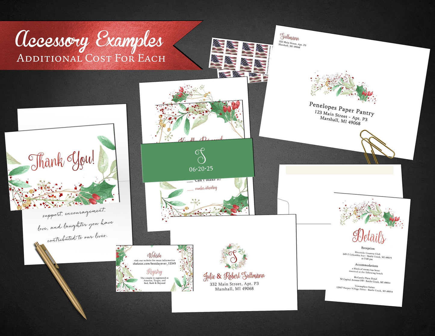 Whimsical Christmas Wedding Invitation – Tis The Season To Be Married, Green & Red Foil, Holly Wreath, Custom Printed with Envelopes Included