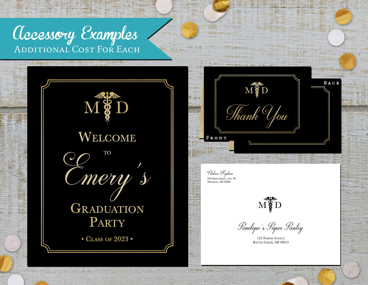 Medical Degree Rod of Asclepius Black on Metallic Gold Paper Graduation Open House or Ceremony Invitation