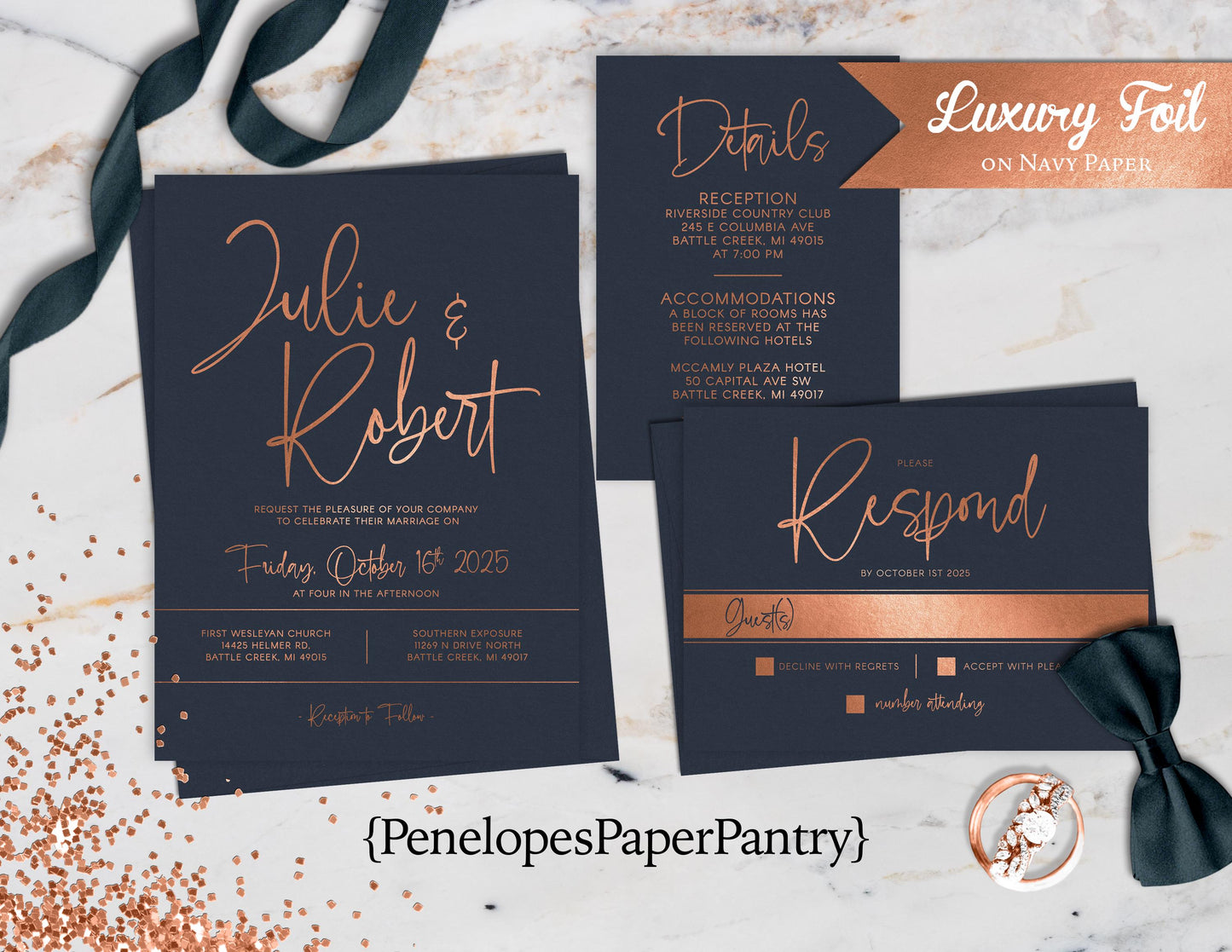 Copper Foil on Navy Blue Paper Wedding Invitation, Set, or Suite