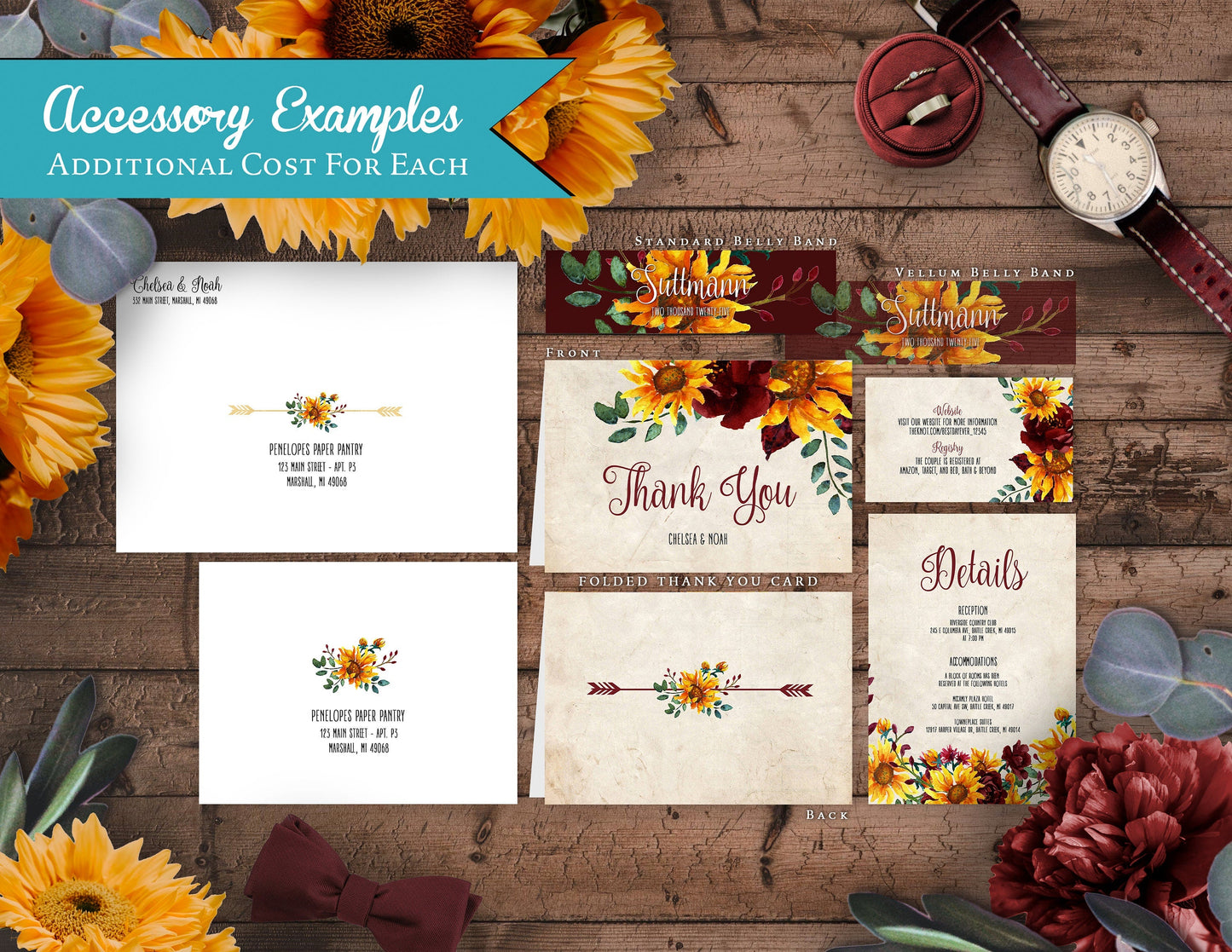Rustic Sunflower Wedding Invitation – Parchment, Burgundy Roses & Floral Arrow – Personalized Calligraphy Printed Invitations with Envelopes