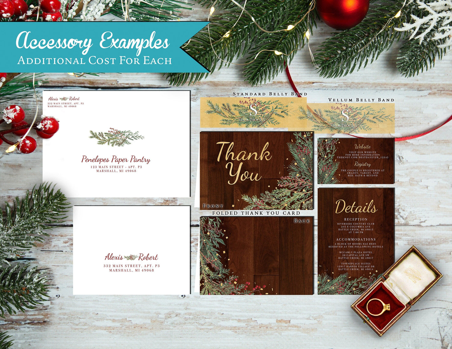 Elegant Rustic Winter Wedding Invitation – Barn Wood & Pine Branches – Gold Print Shimmery Custom Invite with Envelopes Included