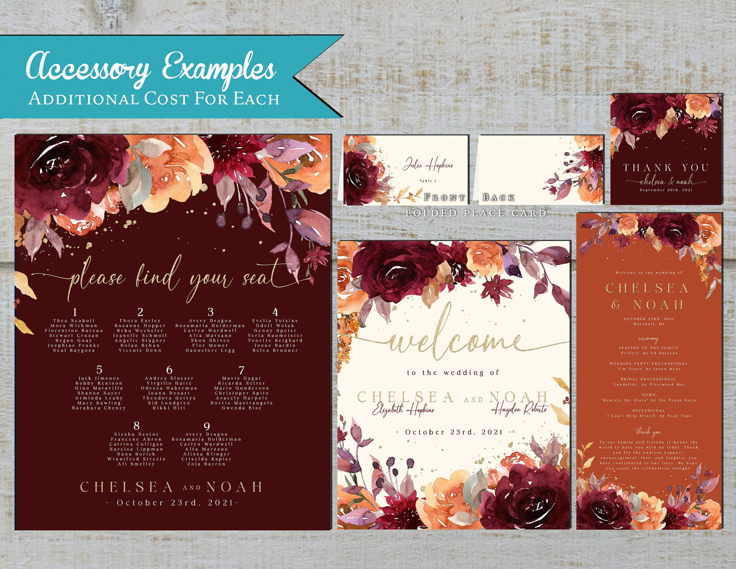 Elegant Fall In Love Floral Wedding Invitation Personalized Burgundy Burnt Orange Ivory Gold Print Shimmery Printed Invitation Envelope Included
