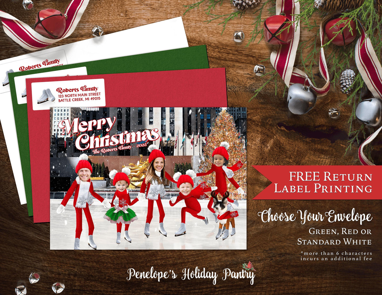 Funny Ice Skating Elves Christmas Photo Card Personalized Rockefeller Center New York City Printed Cards With Envelope Return Address Label