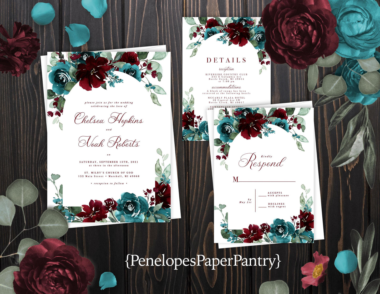 Elegant Fall Wedding Invitation – Personalized Burgundy & Teal Floral Design with Calligraphy – Printed with Envelopes & Optional RSVP Card