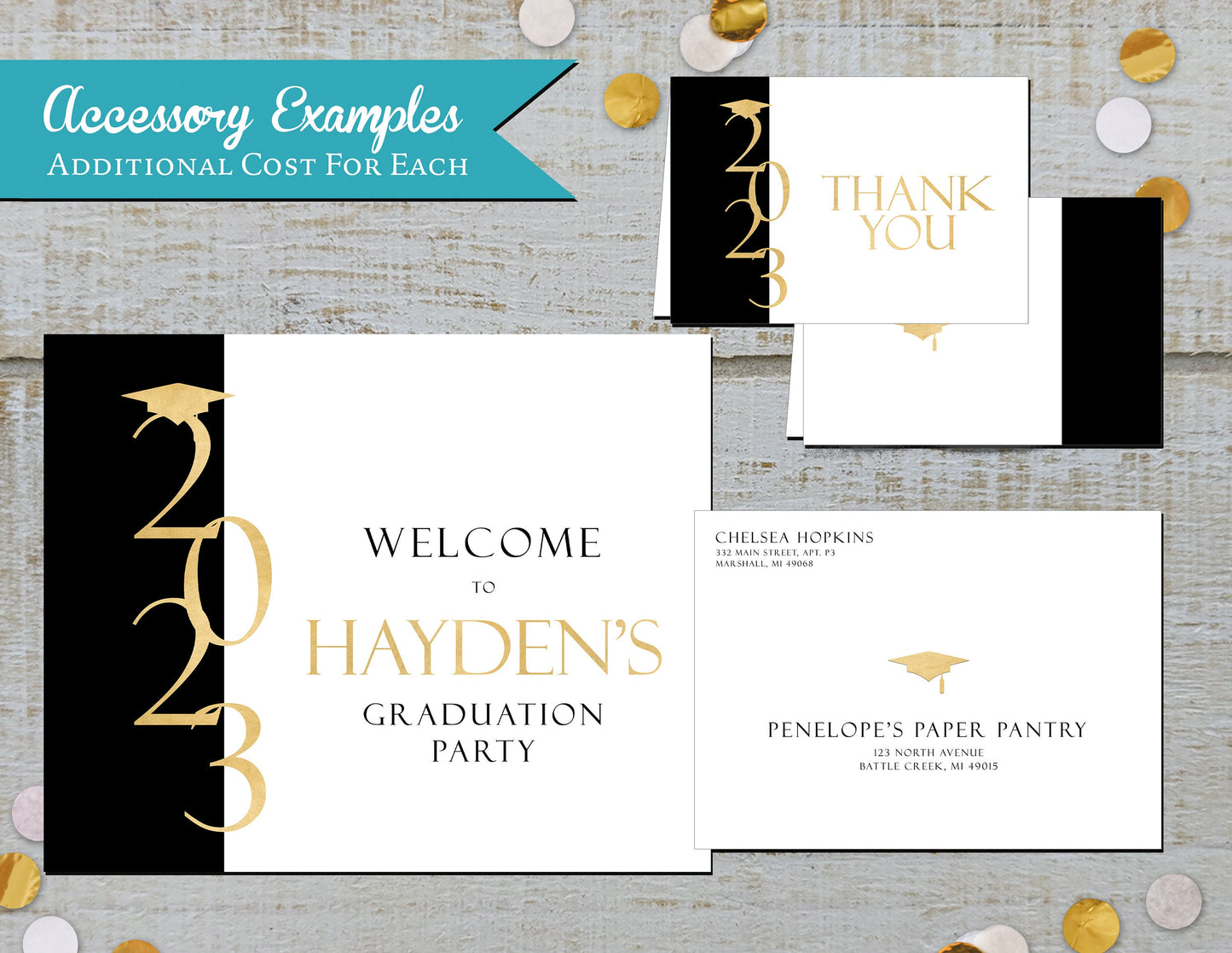 Gold Print Grad Cap Graduation Open House or Ceremony Invitation