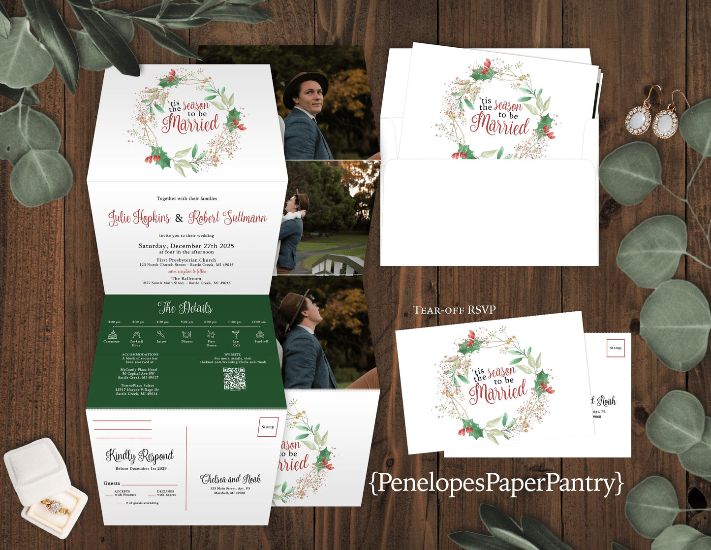 Tis The Season To Be Married Christmas Wedding Invitation – Green & Red Shimmery All-In-One Trifold with Tear-Off RSVP, Custom Printed with Envelopes Included