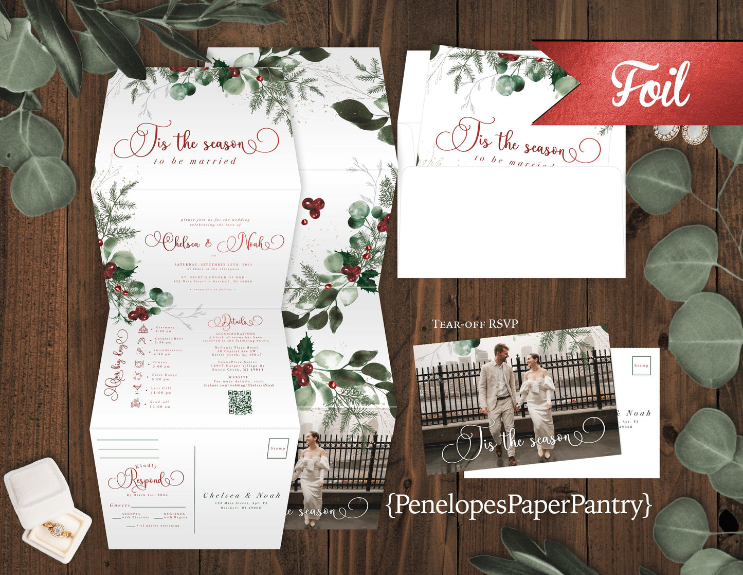 Festive All-In-One Christmas Wedding Invitation – Red Foil, Greenery, Double-Sided, Tear-Off RSVP, Custom Printed with Envelopes Included