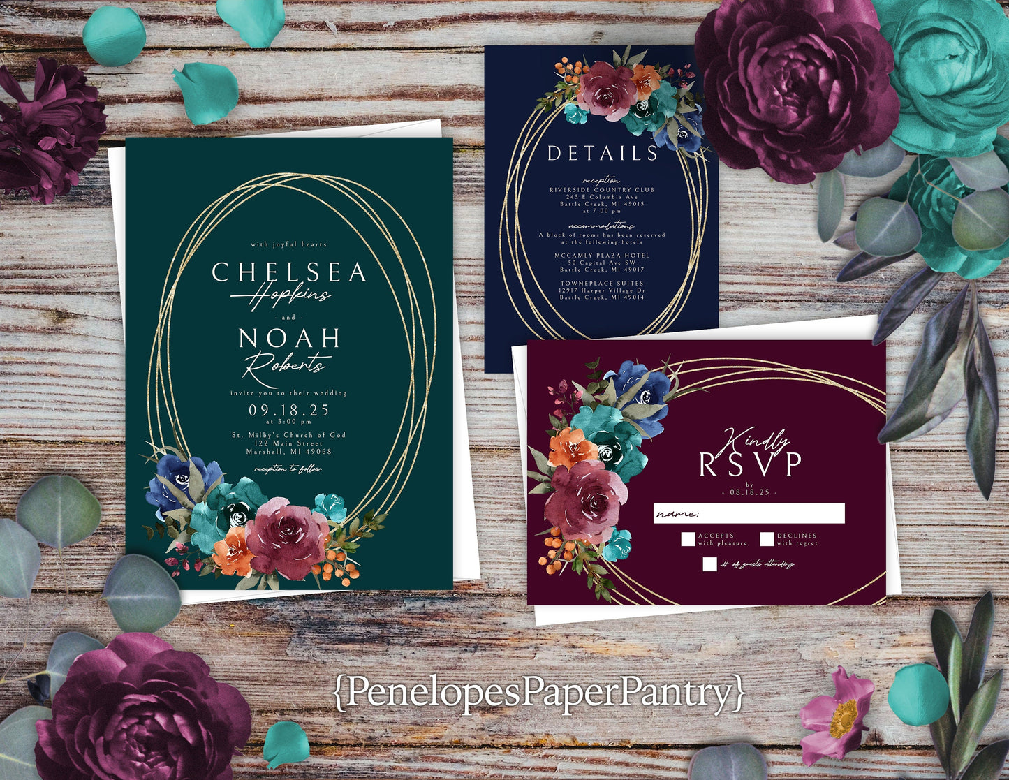 Elegant Jewel Tone Floral Fall Wedding Invitation – Hunter Green, Navy, Plum & Gold – Personalized Shimmery Printed Invite with Envelopes